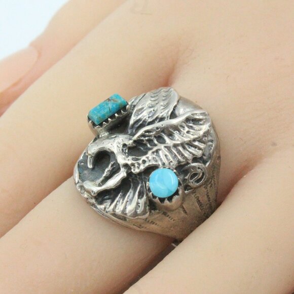HENRY MORGAN IMPORTANT EAGLE SLEEPING BEAUTY TURQUOISE MEN'S RING - Picture 1 of 10